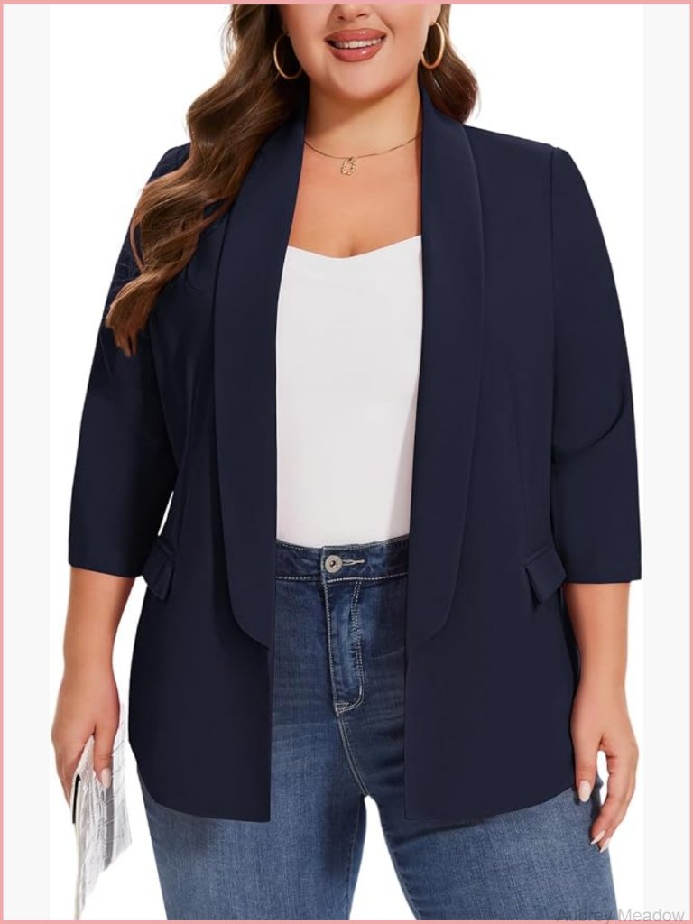 Plus Size Open Front Blazer 3/4 Sleeve With Pockets Business Casual Suit Jacket
